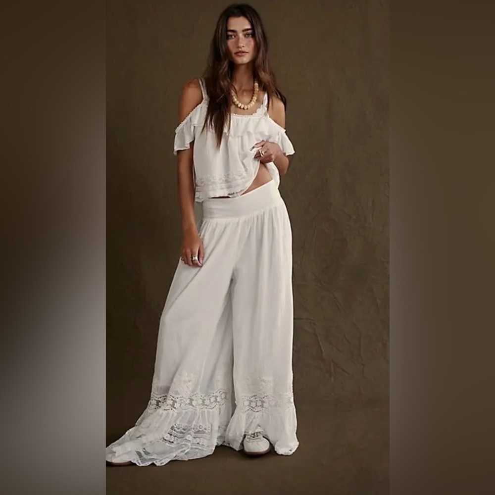 Free People Field Of Roses Wide Leg Pants No Top Lace Floral Embroiderd White